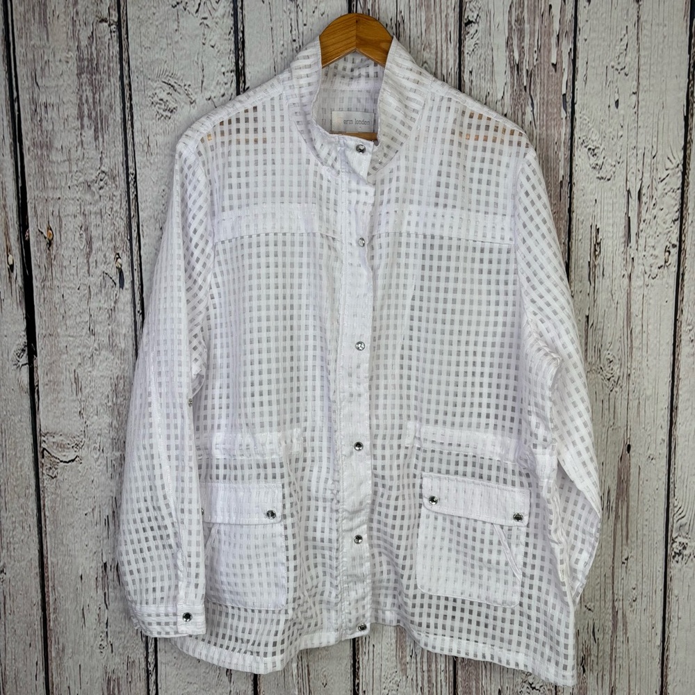 Erin London White Textured Lightweight Jacket Mirrored Buttons Size XXL Zip Up‎